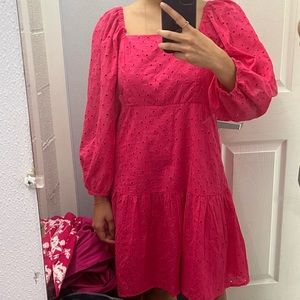 Pink cotton puff sleeve summer dress, boho eyelet style